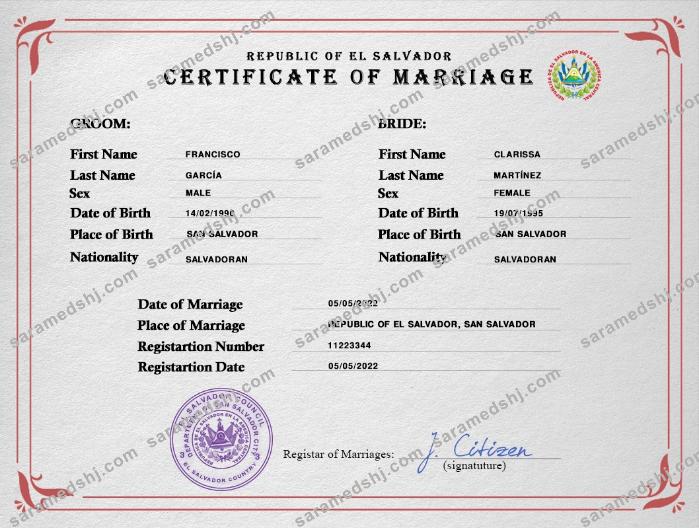 El Salvador marriage certificate PSD template